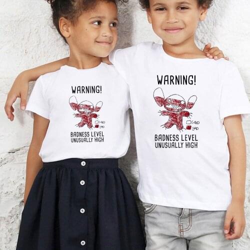Summer Disney Lilo & Stitch 626 Stitch Day Warning Badness Level T Shirt Harajuku Children T-shirt Funny Cartoon Tshirt Kids Top