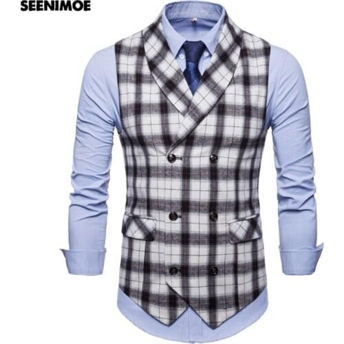Seenimoe Mens Formal Blazer vests Casual Stripe Double Breasted Turndown Collar Waistcoat M-4XL Male Formal Blazer Vests