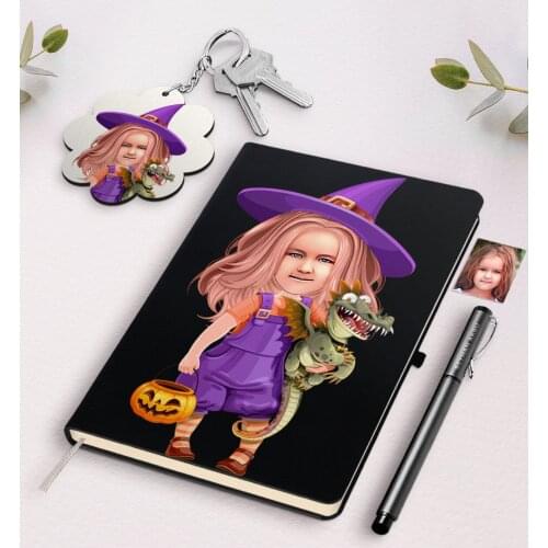 Personalized Small Witch Caricature Of Black Notebook Pen And Keychain Gift Seti-1