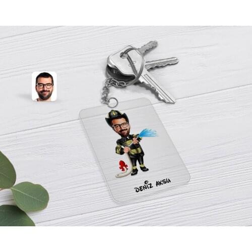 Personalized Fireman Caricature Of Transparent Plexiglass keychain