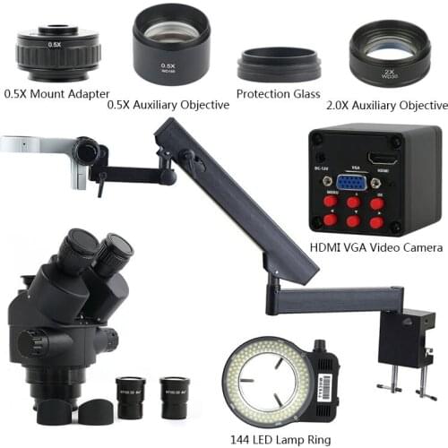 3.5X-90X Zoom Simul Focal Trinocular Stereo Microscope + 1080P HDMI VGA Industrial Video Camera + Articulating Arm Pillar Clamp