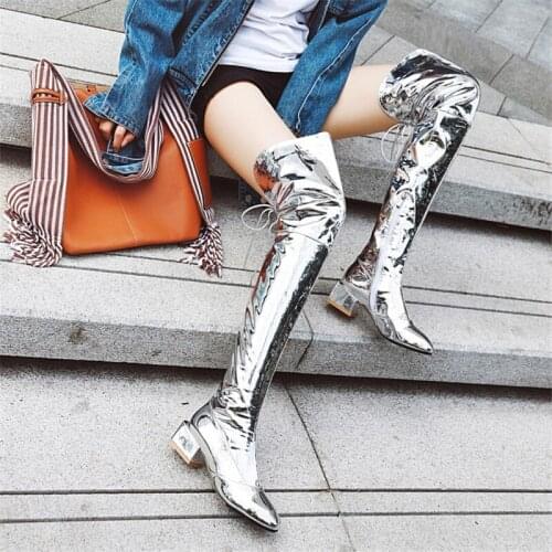 PXELENA Gorgeous Shiny Mirror Patent Leather Thigh High Boots Women Square Med Heels Party Nightclub Over The Knee Boots Shoes