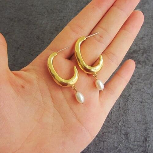 Brass With 18k Gold C Shape Real Pearl Drop Earrings Women Jewelry Party T Show Gown Runway Rare Korean Japan Trendy INS