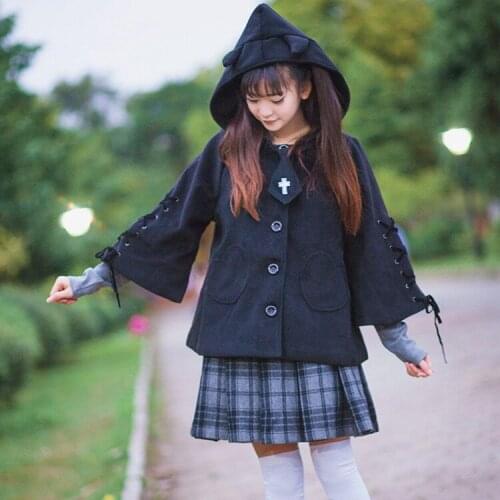 Autumn winter japanese harajuku sweet lolita coat vintage batwing sleeve cross lacing cat ear cap cloak kawaii girl overcoat cos