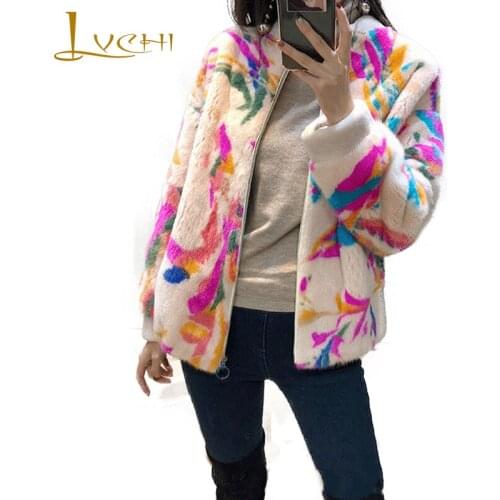 LVCHI Winter 2019 Import Real Mink Fur Coats Print Flower Womens Natural Fur Full Sleeve Print Short O-Neck Causal Mink Coats