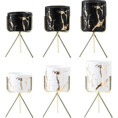 Modern Marble Texture Flower Pot with Iron Stand Cylinder Planter Holder