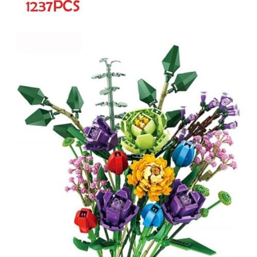 Technical Ideas Flowers Bouquet Building Blocks Romantic Rose Flower Bricks Home Decoration DIY Toys for Girl Birthday Gift
