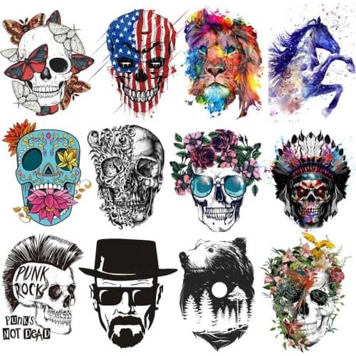 Punk Skull Iron On Patches Rock Patch Iron-On Transfer For Clothing Stickers Skeleton Thermo Heat Transfer Clothing DIY Applique