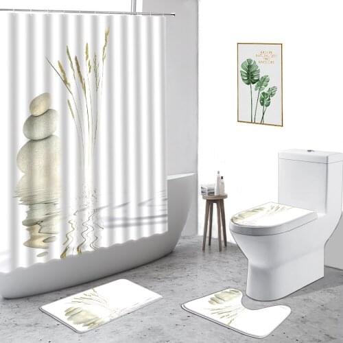 Zen Stone Waterproof Shower Curtain Water Surface Plants Meditating Little Monk Bathroom Curtains Set Non-Slip Carpet Bath Mats