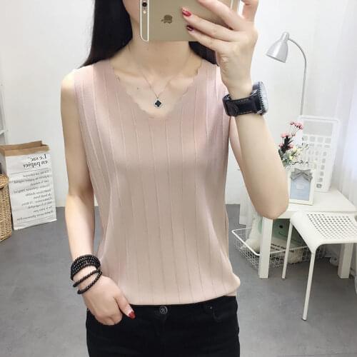 Women T-Shirts Sleeveless Knitting Tops Female V-Neck Stretchy T Shirt Solid Pullover Tops Vest Tank Top Summer Clothes Y847