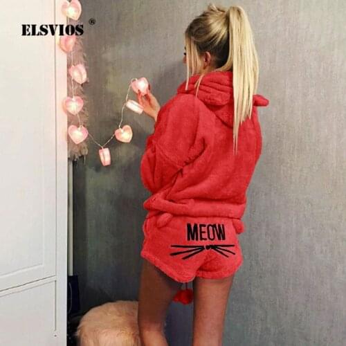 ELSVIOS 5XL Women Two Piece Set Hot Autumn Winter Pajamas Warm Coral Velvet Suit Sleepwear Cute Cat Pattern Hoodies Shorts Set