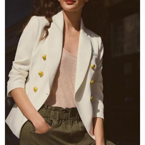 Long Sleeve Slim Suit For Women Golden Double- Breasted Tops Solid Color Fashion Casual Jackets Office Wear