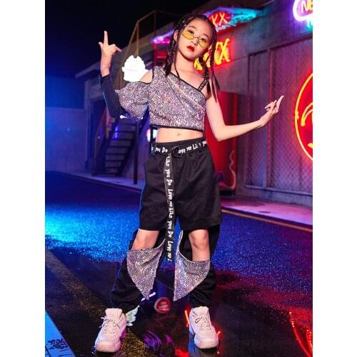 Girls Sequins Stage Costume Catwalk Show Clothing Off-Shoulder Tops Ripped Pants Hiphop Street Dance Performance Wear VDB4079