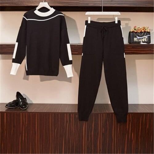 2021 Winter Women Knitted 2 Piece Set Long Sleeve O Neck Sportwear Pullover Sweater And Pocket Pant Suit 2 Pcs Outfits Plus Size