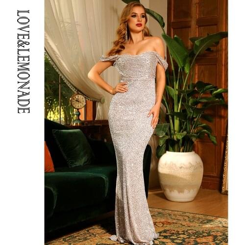 LOVE&LEMONADE Sexy Tube Top Draped Drop Shoulders Silver Elastic Sequins Bodycon Whit Train Bridesmaid Maxi Dress LM83007
