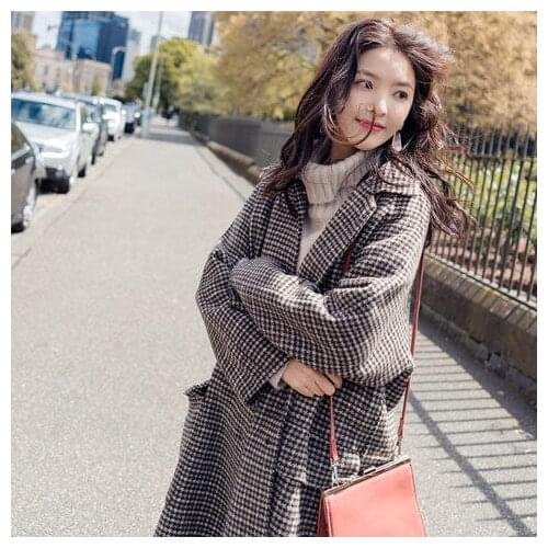 Woolen coat womens medium long new thousand bird pattern coat womens autumn and winter