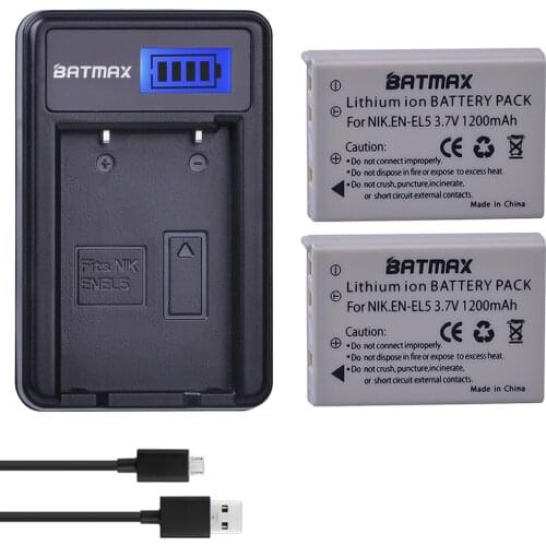 2Pcs 3.7V 1200mAh EN-EL5 EN EL5 ENEL5 Battery + LCD USB Charger for NIKON Coolpix P530 P520 P510 P100 P500 P5100 P5000 P6000