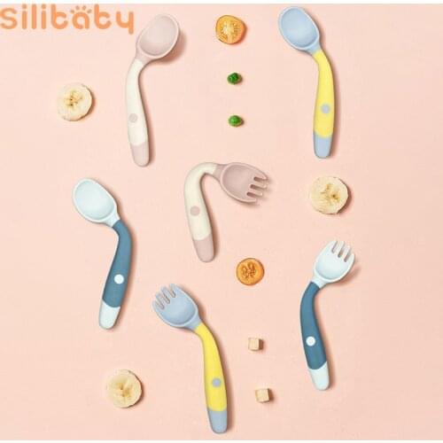 Silibaby 2PCS Baby Tableware Fork And Spoon Set Rotatable Complementary Food Silicone Spoon Baby Learn To Prey Fork And Spoon