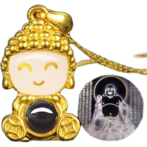 316L Titanium Steel Buddha Projection Evil Spirit Natal Buddha Projection Gold Inlaid Jade Clavicle Chain Necklace