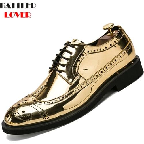 Gold Silver Color Design Brogue Oxford Shoes For Men Italian Formal Ballroom Dress Footwear New Males Patent Leather Flats Shoes