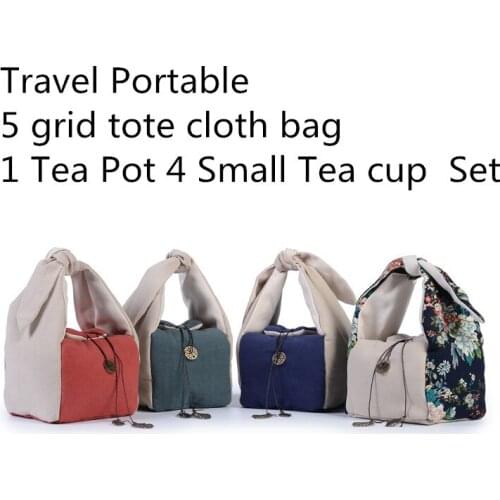 Tea Set Travel Portable Cloth Storage Bag Thicken Tote 1 Tea Pot 4 Tea cup Set Cloth Bag Handmade Cotton Linen 5 grid Bag 1pcs