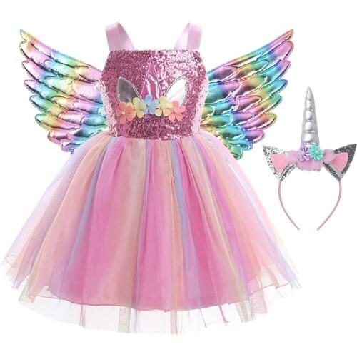 Kids Girls Cartoon Cosplay Dress Shiny Sequins Mesh Tulle Tutu Dress with Hair Hoop Wings for Halloween Party Costume Dress Up