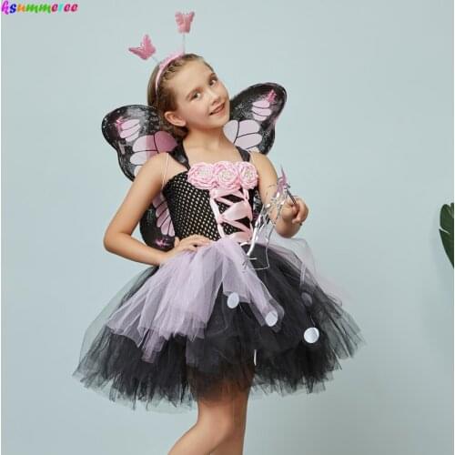 Girls Monarch Butterfly Fairy Costume Kids Flower Tutu Dress with Wings Girls Insect Animal Halloween Party Dress Up Dress