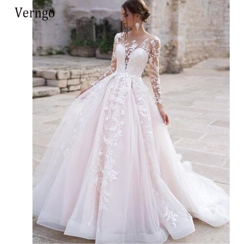 Verngo Elegant Light Pink Lace Applique Wedding Dresses Sheer Neck Long Sleeves Tulle Buttons Back Train Pretty 2021 Bride Gowns