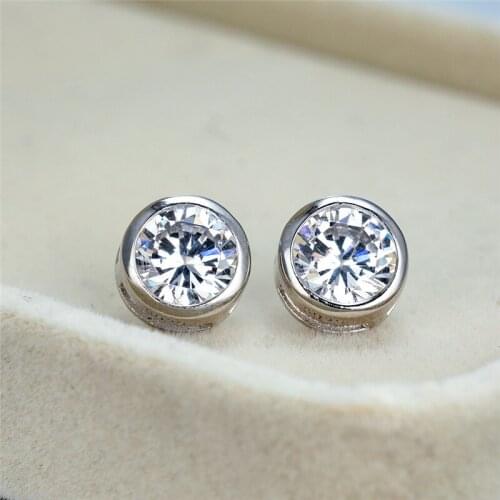 Dainty Female White Crystal Stone Earring Classic 925 Sterling Silver Stud Earrings For Women Charm Round Small Wedding Earrings