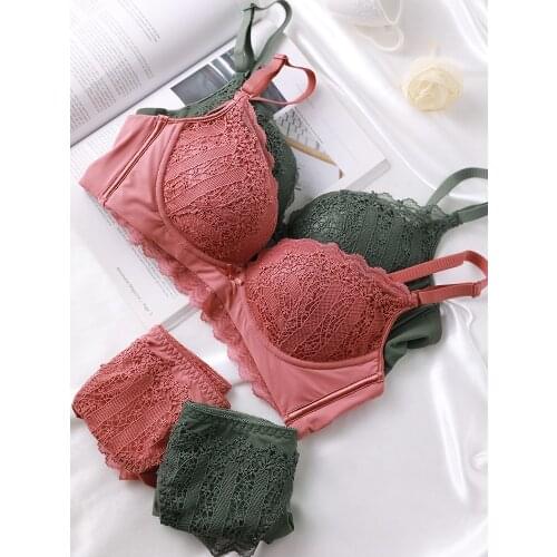 Thin upper and lower thick gather bra set sexy lace comfortable soft underwear AB cup small chest not empty cup lingerie