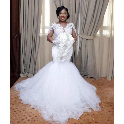 Jewel Neck Long Sleeves Lace Mermaid Wedding Dresses with Appliques African Lace-up Back Plus Size Bridal Gowns