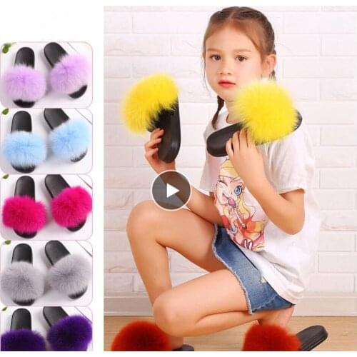 Fur Slippers Kids Fluffy Slippers Children Faux Fox Fur Flip Flops Flat Home Indoor Girls Furry Slides Toddler Child Plush Shoes