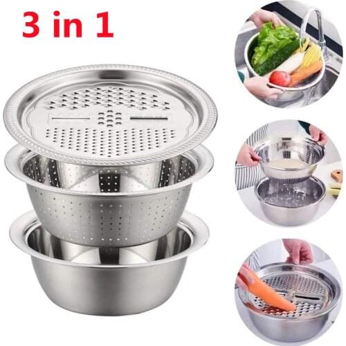 3pcs Multifunctional Stainless Steel Basin Set Fruit Vegetable Bracket Drain Basin Grater Basin Household Kitchen Tools