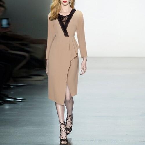 Fashion Runway 2021 Autumn Dress Women New Design Black Khaki Lace Ruffles Patchwork High Quality Dresses