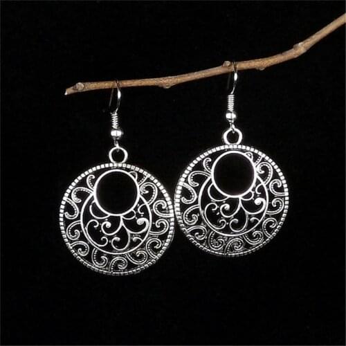Trendy Jewelry Bohemian Vintage Ethnic Tibetan Silver Long Big Hollow Round Drop Earring Carved Flowers dangle Earrings Women