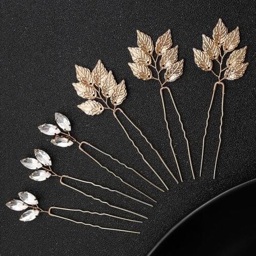 MOGAKU 6pcs Fashion Hair Pins Retro Metal Leaves Hair Sticks Women Bridal Rhinestone Clips Luxury Party Wedding Accessories