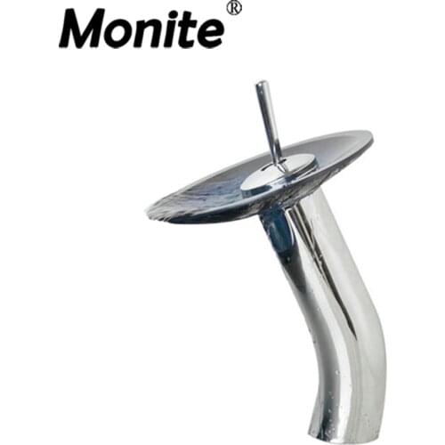 Monite Stainless Steel Chrome Polish Round Glass Bathroom Sink Rocker Handle Water Tap Waterfall Faucet Bathroom Basin Mixer Tap