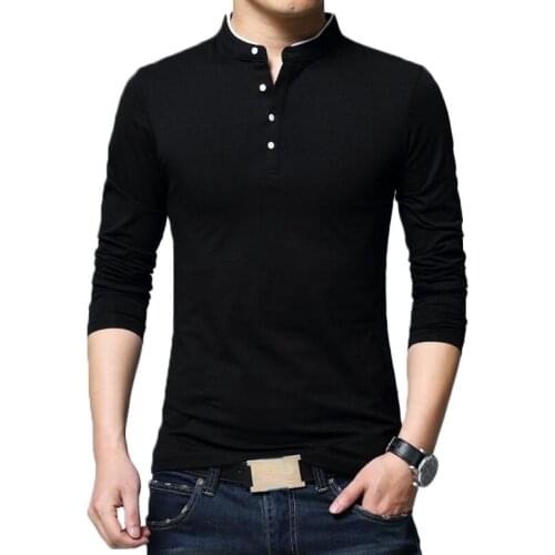 2020 New Spring T-Shirt Men Cotton T Shirts Solid Color Stand Collar Long Sleeve Tshirt Men Fashion Autumn Full Sleeve Tee Tops