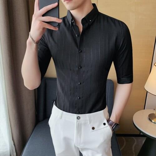 2021 new mens summer solid color striped middle-sleeved shirt men high-end business casual half-sleeved white shirt Black shirt