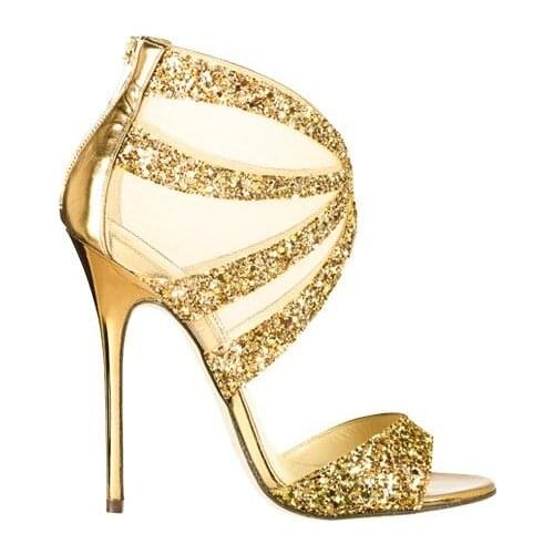 Newest Black Gold Bling Bling Glitter High Heel Sandal Sexy Open toe Woman Thin Heels Dress shoes woman Cut-out Cage shoes woman