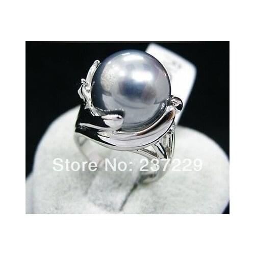 Wholesale price GOOD SHIPPING ^^^^14mm gray sea shell pearl silver color GP Ring Size :7