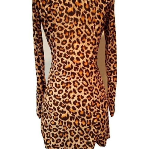 Wholesale Women Sexy Leopard Dresses Ladies Pleated Sheath Mini Dress Casual Long Sleeves Vestidos Femininos