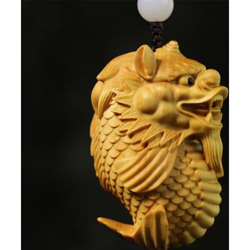 Boxwood 5CM Dragon Fish Animal God Pendant Solid Wood Car Hanging Lucky Wood Statue Mythical Animal Sculpture Home Decor