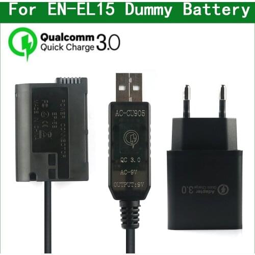 QC3.0 USB to EN-EL15 EL15 EP-5B DC Coupler Dummy Battery Power Bank USB Cable for Nikon D7000 D7100 D7200 D7500 Z5 Z6 Z7 1 V1
