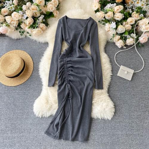 Vintage Slim drawstring sexy split midi dress Autumn draped Bodycon Knitted Sweater Dress Winter Party Women knee length dress