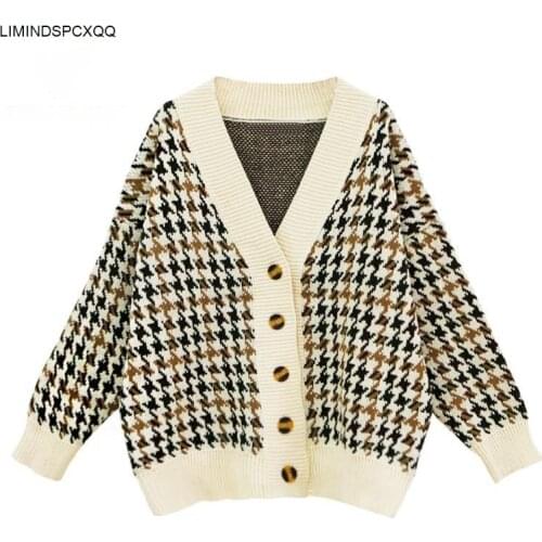 Plaid Knitted Sweaters Women Vintage Autumn Winter Casual Loose V Neck Long Sleeve Cardigans Fashion Outwear Korean Chic Tops