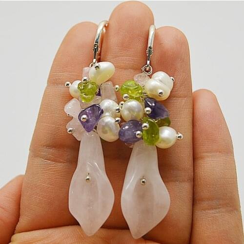 Pearl Pink Jades Jewellery,Freshwater Pearls Jasper Pea Pot Princess Earrings,925 Silver Dangle Earrings Hook Perfect Women Gift
