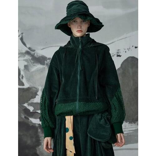 IRINACH19 Fall Winter 2019 New Collection lace patchwork hooded oversize corduroy jacket women