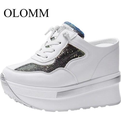 OLOMM female 10 cm increase half slippers female spring and summer sequins thick bottom lazy shoes fashion toe shoes TT-229