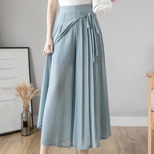 2021 spring summer new style Korean pleated chiffon trousers large size elastic waist casual pants hakama Woman trousers skirts